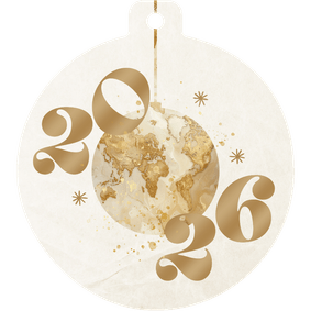 Weihnachtskugel-Karte mit Weltkarte 2026 beige gold