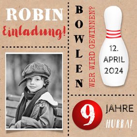 9. Kindergeburtstag Bowling Einladung mit Foto