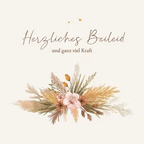 Beileidskarte Trockenblumengesteck goldene Herzen