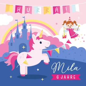 Bunte Geburtstagskarte Einhorn mit Regenbogen