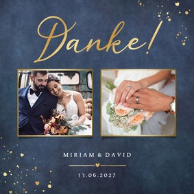 Dankeskarte Hochzeit Fotos Blau mit Gold