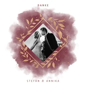 Dankeskarte Hochzeit mit Foto in rot mit goldenen Zweigen