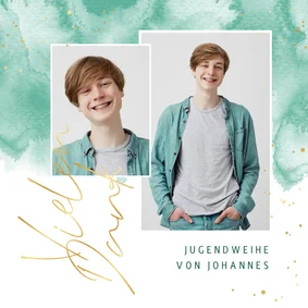 Dankeskarte Jugendweihe mintgrünes Aquarell & Fotos
