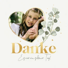Dankeskarte Kommunion Herzfoto, Eukalyptus & Golddruck