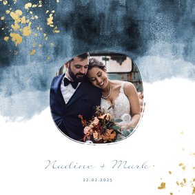 Dankeskarte zur Hochzeit mit Foto im blauen Aquarelldesign