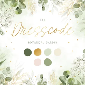 Dresscodekarte Botanical Garden grün gold Hochzeit Farben