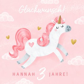 Einhorn Glückwunschkarte 3. Geburtstag rosa Wolken