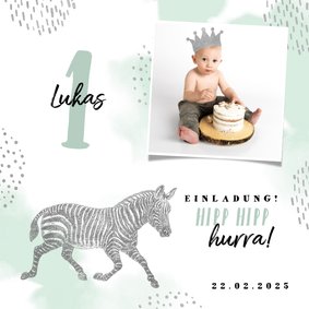 Einladung 1. Kindergeburtstag mit Foto, Zebra und Krone