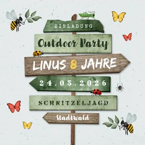 Einladung 8. Kindergeburtstag grün Outdoor Insekten