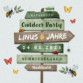 Einladung 8. Kindergeburtstag grün Outdoor Insekten