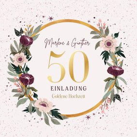 Einladung Goldene Hochzeit mit elegantem Blumenkranz