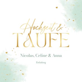 Einladung Hochzeit/Taufe mintgrünes Aquarell & Goldherzchen