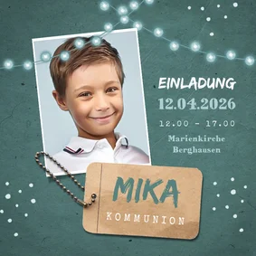 Einladung Kommunion mit Foto, Label und Girlanden