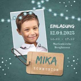 Einladung Kommunion mit Foto, Label und Girlanden
