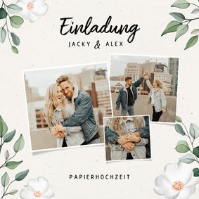 Einladung Papierhochzeit Fotocollage weiße Blüten