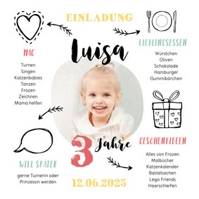 Einladung zum 3. Kindergeburtstag Mädchen Herz & Geschenk