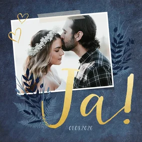 Einladung zur Hochzeit dunkelblau mit Foto und Pflanzen