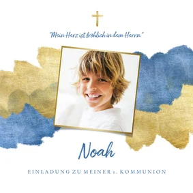 Einladung zur Kommunion blaue Metallic-Akzente und Foto