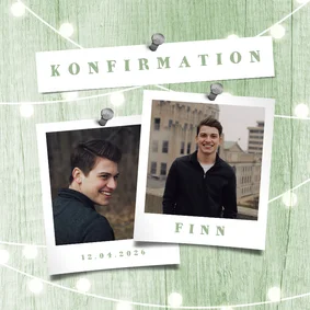 Einladung zur Konfirmation Holzlook und zwei Fotos