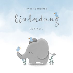 Einladung zur Taufe Elefant & Vögel blau