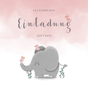 Einladung zur Taufe Elefant & Vögel rosa