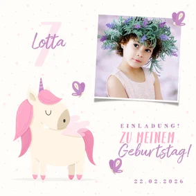Einladungskarte 7. Kindergeburtstag eigenes Foto und Einhorn