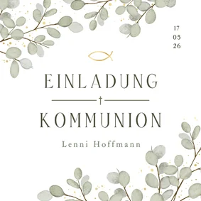 Einladungskarte Eukalyptuszweige Goldkleckse Kommunion