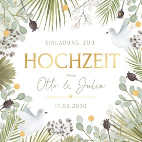 Einladungskarte Hochzeitstauben Pflanzen Greenery 