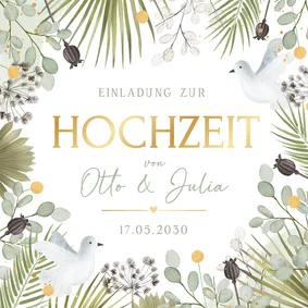 Einladungskarte Hochzeitstauben Pflanzen Greenery 