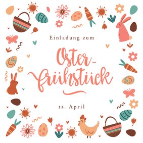 Einladungskarte Osterfrühstück bunte Ostersymbole