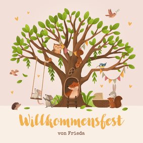 Einladungskarte Willkommensfest Baum & Waldtiere