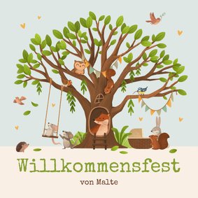 Einladungskarte Willkommensfest Waldtiere & Baum