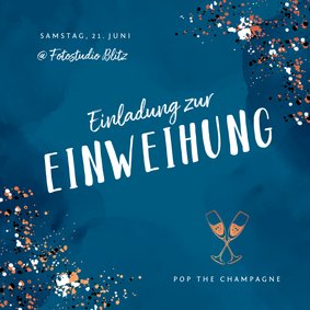 Einladungskarte zur Einweihung blau Farbspritzer