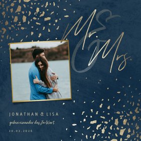 Einladungskarte zur Hochzeit dunkelblau mit Gold & Foto