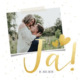 Einladungskarte zur Hochzeit mit Schrift in Goldlook & Foto