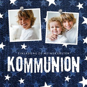 Einladungskarte zur Kommunion Denimlook mit Fotos