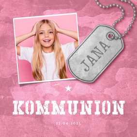 Einladungskarte zur Kommunion rosa Militarylook mit Fotos