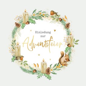 Firmen-Einladungskarte Adventsfeier Adventskranz mit Tieren