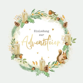 Firmen-Einladungskarte Adventsfeier Adventskranz mit Tieren