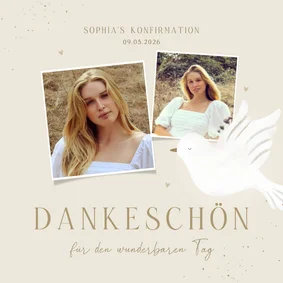 Foto-Dankeskarte Konfirmation weiße Taube auf Pastellbraun