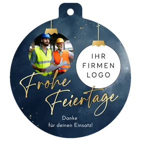 Foto-Dankeskarte Weihnachtskugel mit Logo Aquarell Blau