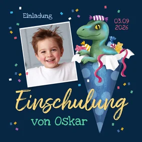 Foto-Einladung 1. Schultag Dino Raptor in Schultüte