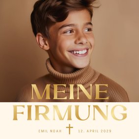 Foto-Einladungskarte Firmung Beige Braun Gold