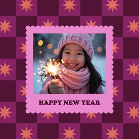 Foto-Neujahrskarte Karomuster Sterne rosa