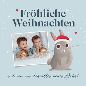 Foto-Weihnachtskarte Kaninchen Weihnachtsmütze Kinder