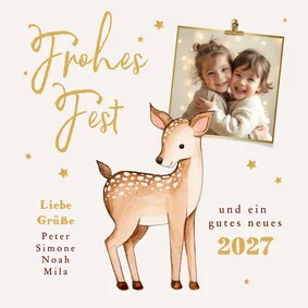 Foto-Weihnachtskarte kleines Reh wünscht Frohes Fest