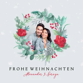 Foto-Weihnachtskarte mit Blumenkranz