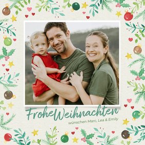 Foto-Weihnachtskarte Weihnachtszweige & Kugeln