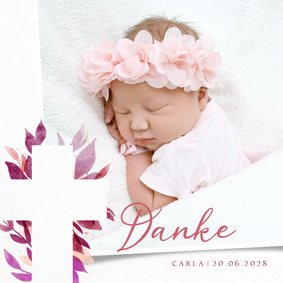 Fotokarte Danksagung pink florales Kreuz Taufe