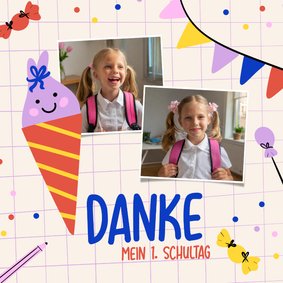 Fröhliche Danksagung zur Einschulung Fotos & Schultüte